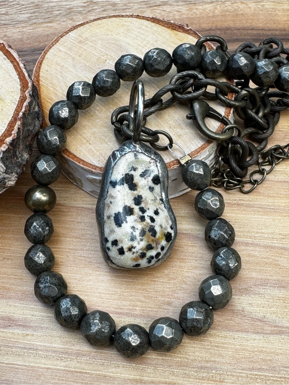 Artisan Dalmatian stone Pendant Necklace Handcrafted Pyrite Chain